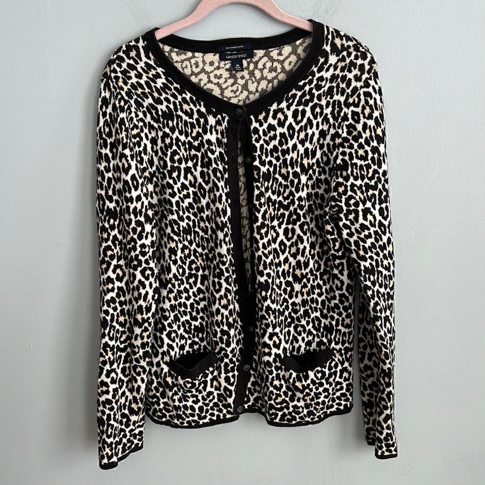 Lands’ End 100% Supima cotton women’s medium 10-12 Leopard print cardigan